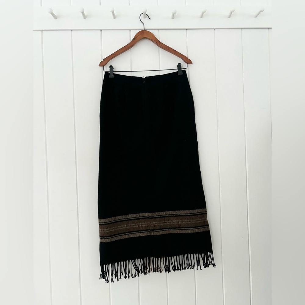 Vintage Dressbarn Wrap Skirt Plaid Fringe Wool Blend Black Brown Western Maxi - Picture 9 of 14